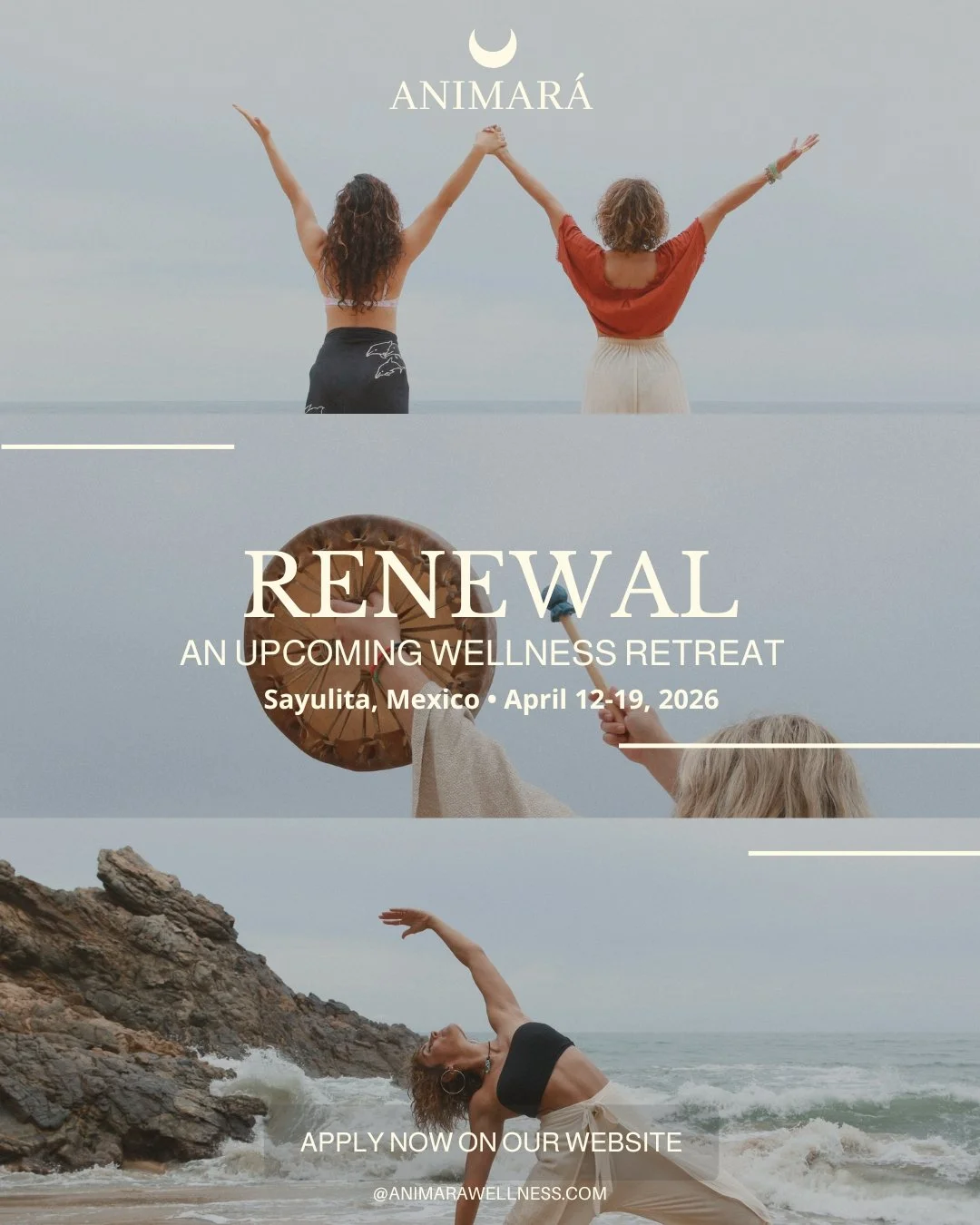 Promotional poster with three images of women practicing yoga on the beach, promoting a wellness retreat in Sayulita, Mexico from April 12-19, 2026, organized by Animara.