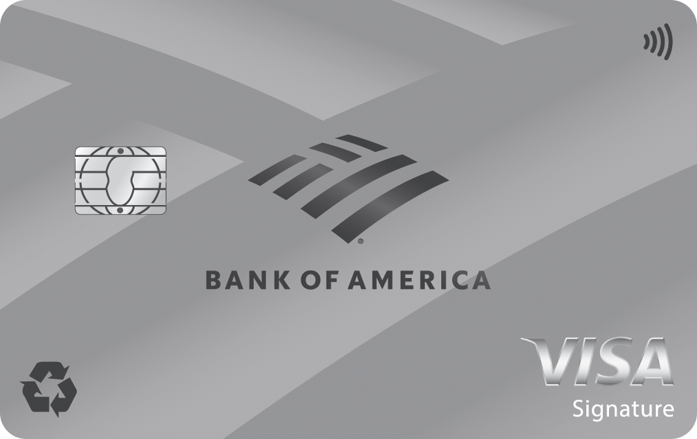 Gray Bank of America Unlimited Rewards Visa signature credit card with a chip, RFID signal, and recycling symbol.