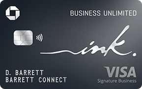 Business credit card with 'Business Unlimited' and 'VISA' logos, names D. Barrett and Barrett Connect, with a chip and contactless symbol