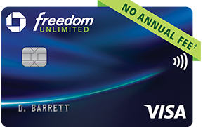 VISA credit card with 'D. Barrett' name, 'Freedom Unlimited' branding, no annual fee label, contactless payment symbol, and EMV chip