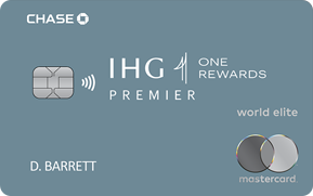 Chase IHG One Rewards Premier World Elite Mastercard credit card with grey background and design elements