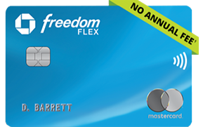 Close-up of a blue Freedom Flex Mastercard credit card showing the cardholder's name D. Barrett and contactless payment symbol.