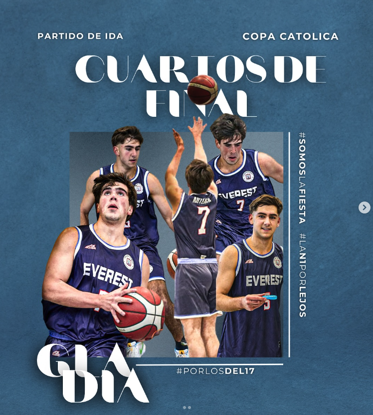 Promoción de un partido de baloncesto para la final del torneo en la Copa Católica, con jugadores uniformados del equipo Everest en una imagen collage sobre un fondo azul.