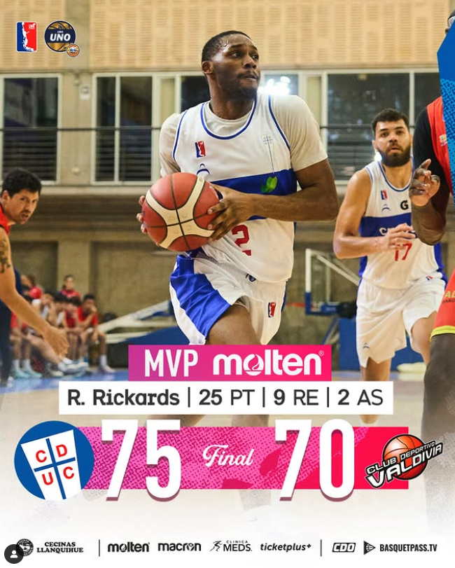 Fotografía de un jugador de baloncesto en acción durante un partido entre CDC Universidad Católica y Club Deportivo Valdivia. La jugadora, R. Rickards, fue la MVP con 25 puntos.