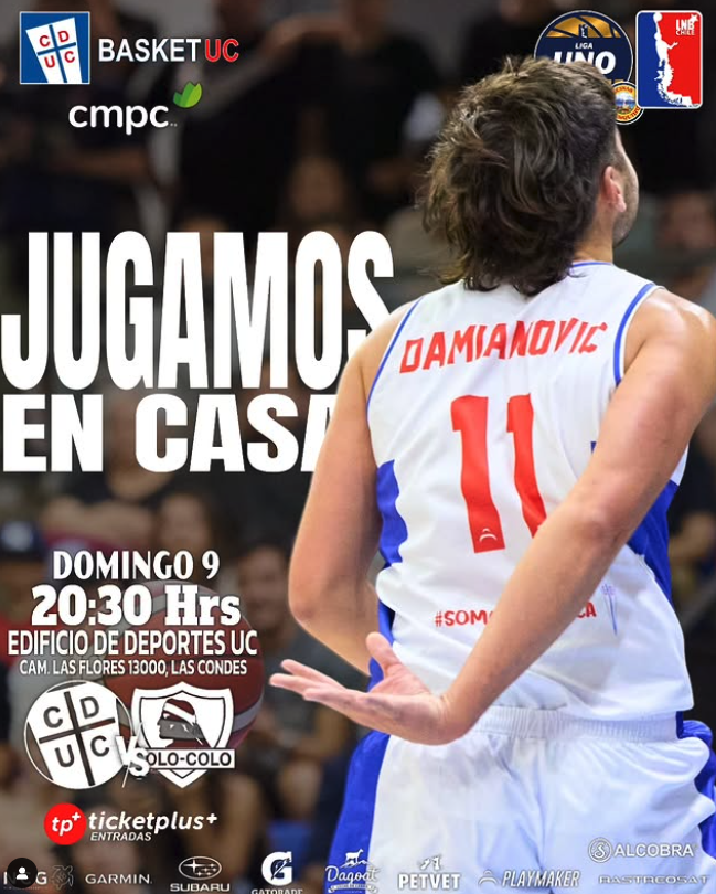 Cartel promocional para un partido de baloncesto entre UC y solo-colo, que se jugará en el Edificio de Deportes UC el domingo 9 a las 20:30 horas.