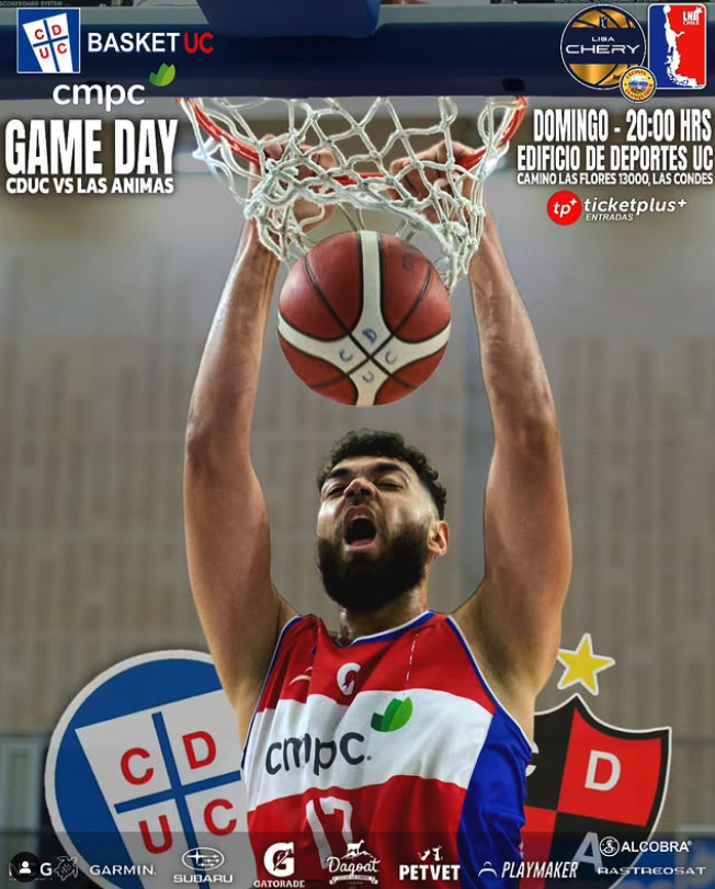 Jugador de baloncesto con uniforme rojo, azul y blanco, saltando para encestar en la canasta, con el balón en las manos y expresión de esfuerzo, en un cartel promocional de un partido de baloncesto entre CMPC y Las Animas.