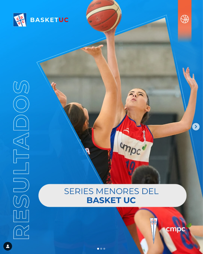 Jugadora de baloncesto en acción durante un partido de las series menores del Basket UC, con fondo azul y texto "RESULTADOS" y "Series menores del Basket UC". Se muestra un logotipo de cmPC y otro de Basket UC en la esquina superior izquierda.