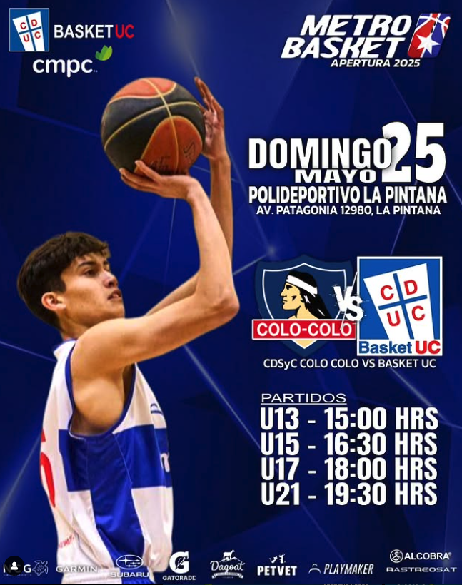 Cartel publicitario de un partido de baloncesto entre CDuC Colo-Colo y Basket UC, programado para el domingo 25 de mayo en el Polideportivo La Pintana, con horarios y logotipos de patrocinadores.
