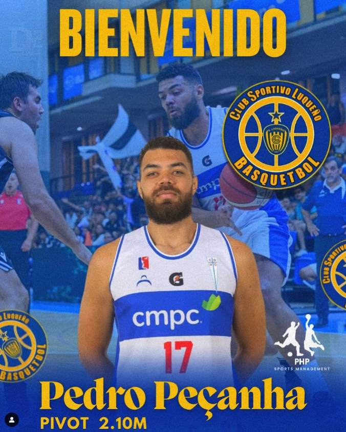 Cartel de bienvenida del jugador Pedro PeÑacha al Club Sportivo Luqueño de baloncesto, con su imagen en el centro y logotipos del club, en un ambiente de partido.