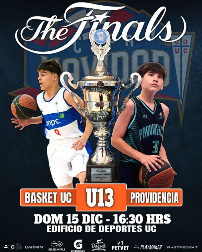 Cartel de la final de un torneo de básquetbol entre Basket UC y Providence en la categoría U13, con un trofeo en el centro y dos niños con balones. Fecha: 15 de diciembre a las 16:30 horas en el Edificio de Deportes UC.