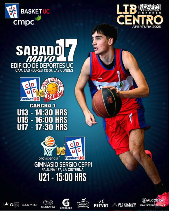 Anuncio de partidos de baloncesto de equipos juveniles de Basket UC el sábado 17 de mayo en el Edificio de Deportes UC, Las Condes, y en el Gimnasio Sergio Ceppi. Incluye horarios y equipos participantes.