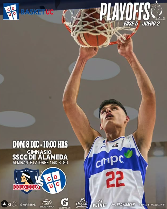 Jugador de baloncesto en acción, intentando encestar, con texto promocional en español para los playoffs de la liga de desarrollo.