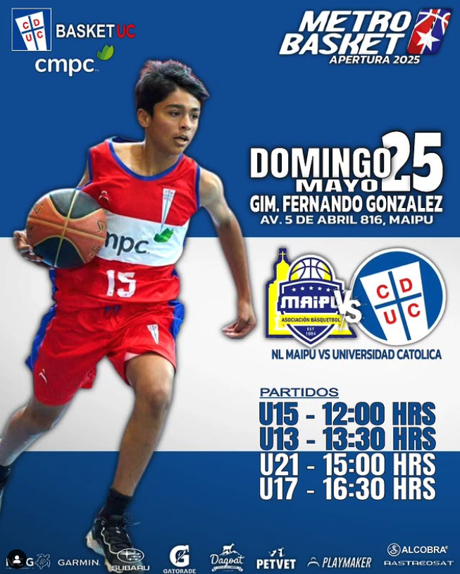 Publicidad de un torneo de baloncesto en Maipu, con un niño en uniforme rojo y detalles del evento el domingo 25 de mayo en el Gimnasio Fernando González.