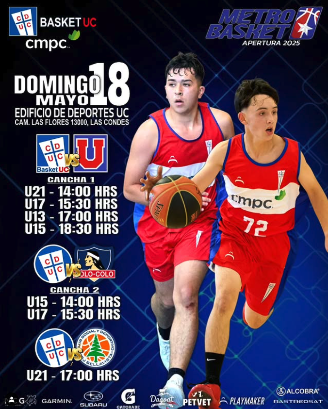 Cartel de eventos de baloncesto juvenil en las instalaciones deportivas de la Universidad de Ciencias y la Cultura, en Las Condes, que muestra varios horarios y partidos programados para el domingo 18 de mayo de 2025, con imágenes de dos jugadores de
