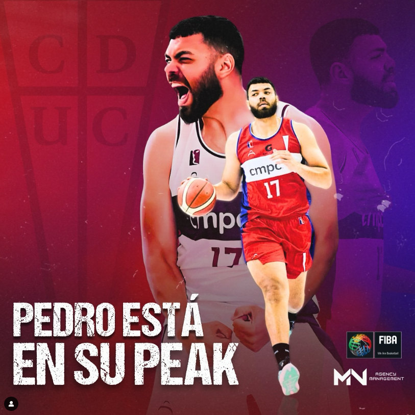 Imagen de un jugador de baloncesto joven en uniforme rojo y otro en uniforme blanco con detalles negros, en un fondo colorido con logotipos de FIBA y Agency Management. Texto: "Pedro está en su peak".