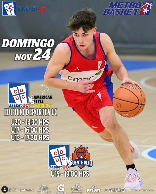Jugador de baloncesto en movimiento con balón en una cancha de deportes, promocionando eventos deportivos en diferentes categorías el domingo 24 de noviembre, en el edificio de deportes UC.