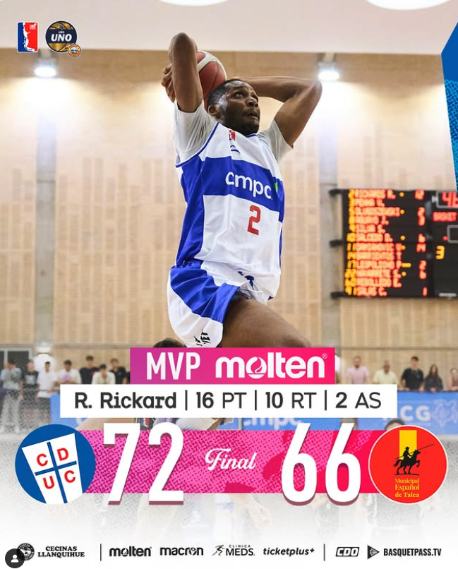 Jugador de baloncesto en acción, saltando en la cancha con un balón, durante un partido, con marcador y logos en el fondo.