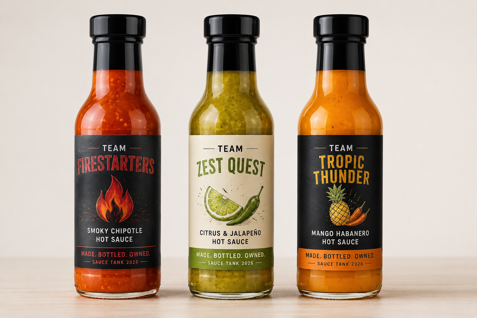 Three hot sauce bottles with black caps, from left to right: Firestarter smoky chipotle hot sauce, Zest Quest citrus and jalapeño hot sauce, Tropic Thunder mango habanero hot sauce, all labeled with bold colorful text and illustrations, placed on a light wood surface against a plain white background.