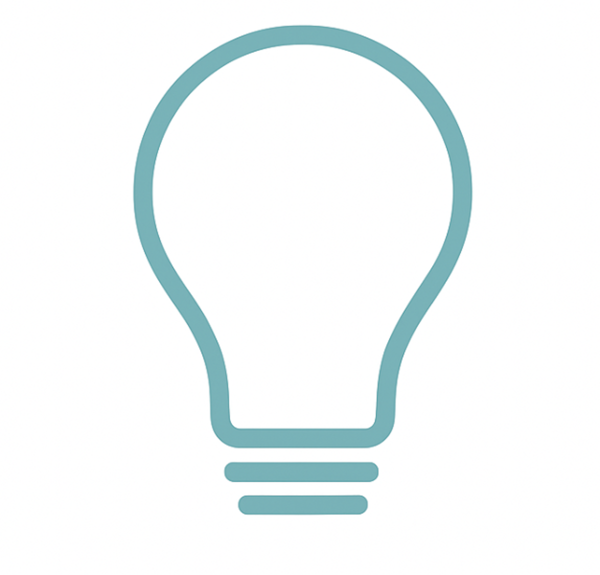 Outline drawing of a light bulb with no filament, in a light blue color.
