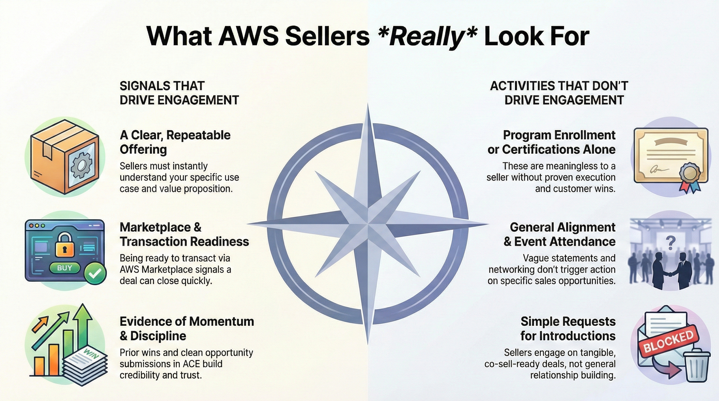 A chart titled 'What AWS Sellers *Really* Look For' split into two sides. The left side shows signals that drive engagement with icons, and the right side shows activities that don't. Left side topics include 'A Clear, Repeatable Offering' with an open box icon, 'Marketplace & Transaction Readiness' with a web page and lock icon, and 'Evidence of Momentum & Discipline' with upward arrows and documents. Right side topics are 'Activities That Don't Drive Engagement' with icons, including 'Program Enrollment or Certifications Alone' with a certificate, 'General Alignment & Event Attendance' with a crowd image, and 'Simple Requests for Introductions' with a 'Blocked' sign on a document and trash bin.