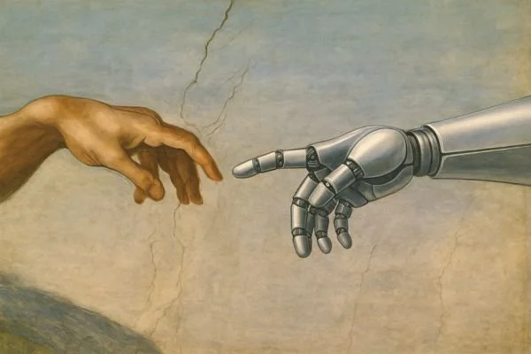 A robotic hand reaching out and touching a human hand in a style similar to Michelangelo's 'The Creation of Adam'.