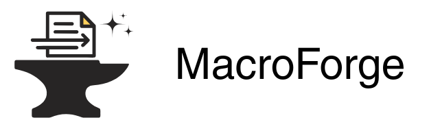 Monochrome version of the MacroForge logo, featuring a document being forged on an anvil to symbolize the creation of automated workflows.