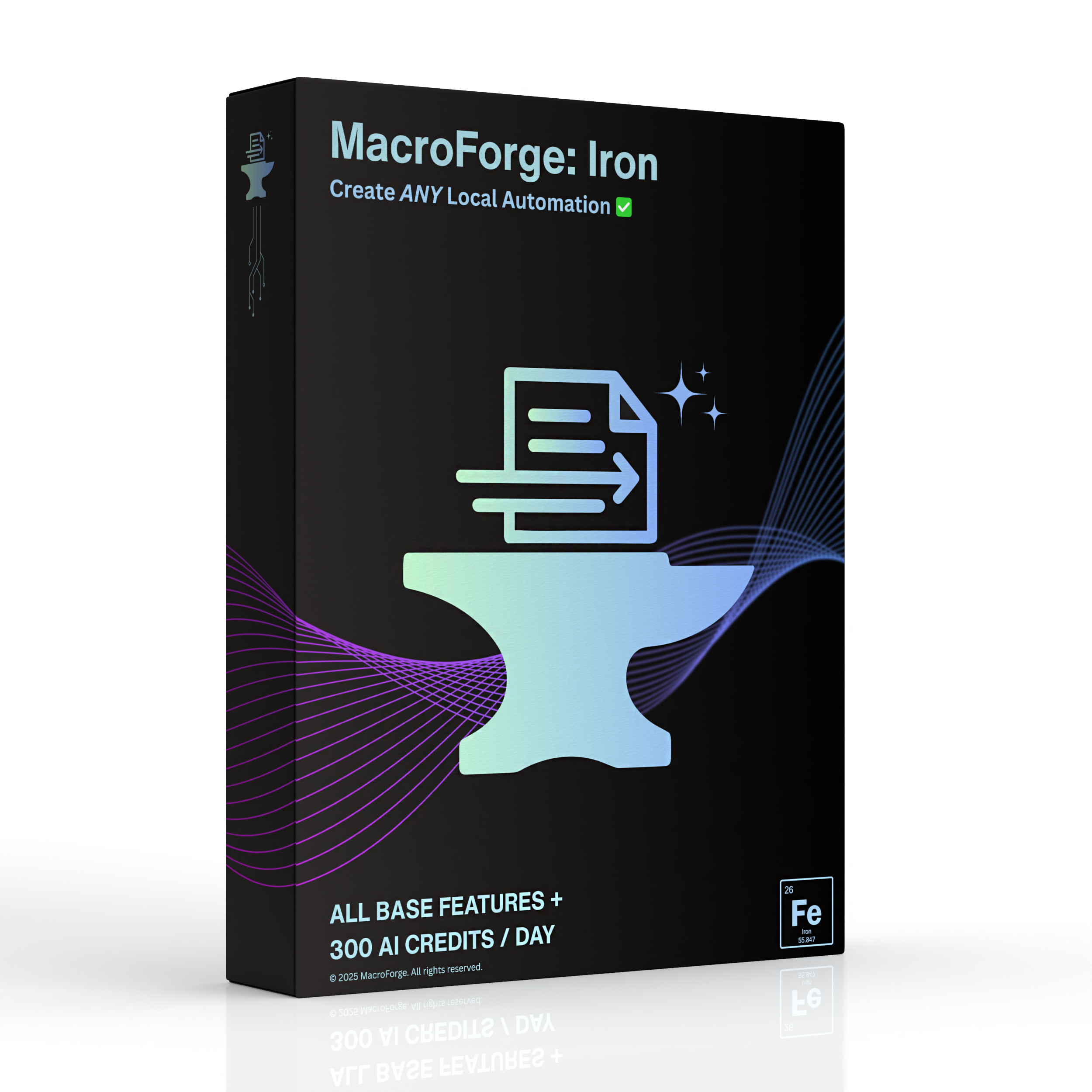 Software box for MacroForge Iron, the professional tier for serious automation. Offers a daily allotment of AI credits for consistent workflows.