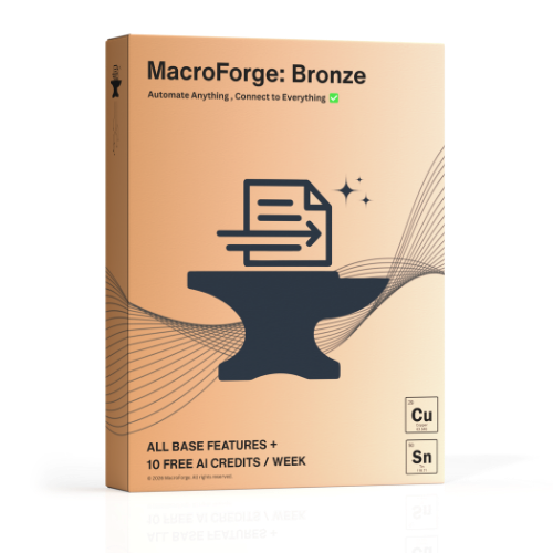 Box for MacroForge: Bronze software with an illustration of a hammer and document icon, and chemical symbols for copper (Cu) and tin (Sn), emphasizing automation and AI credits.
