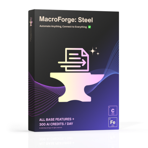 Box for MacroForge: Steel software with an anvil icon and a stylized network pattern in the background.