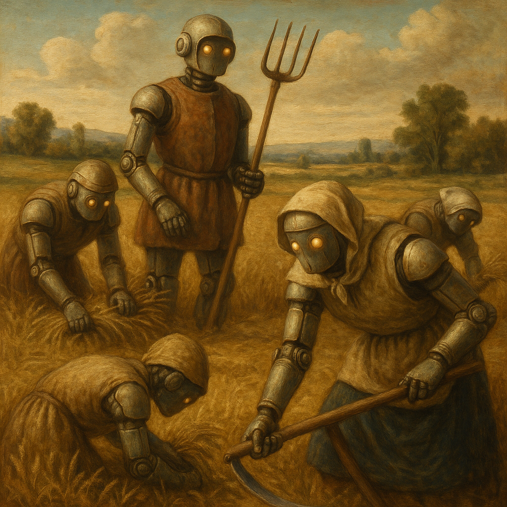 Renaissance-style painting of robots depicted as peasants harvesting crops, illustrating MacroForge's mission to automate manual labor and liberate users.