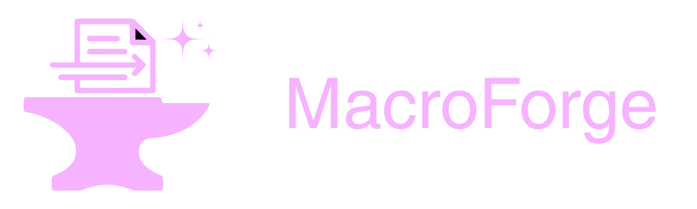 The official MacroForge brand logo, showing the pink anvil icon next to the 'MacroForge' wordmark, for our no-code RPA automation software.