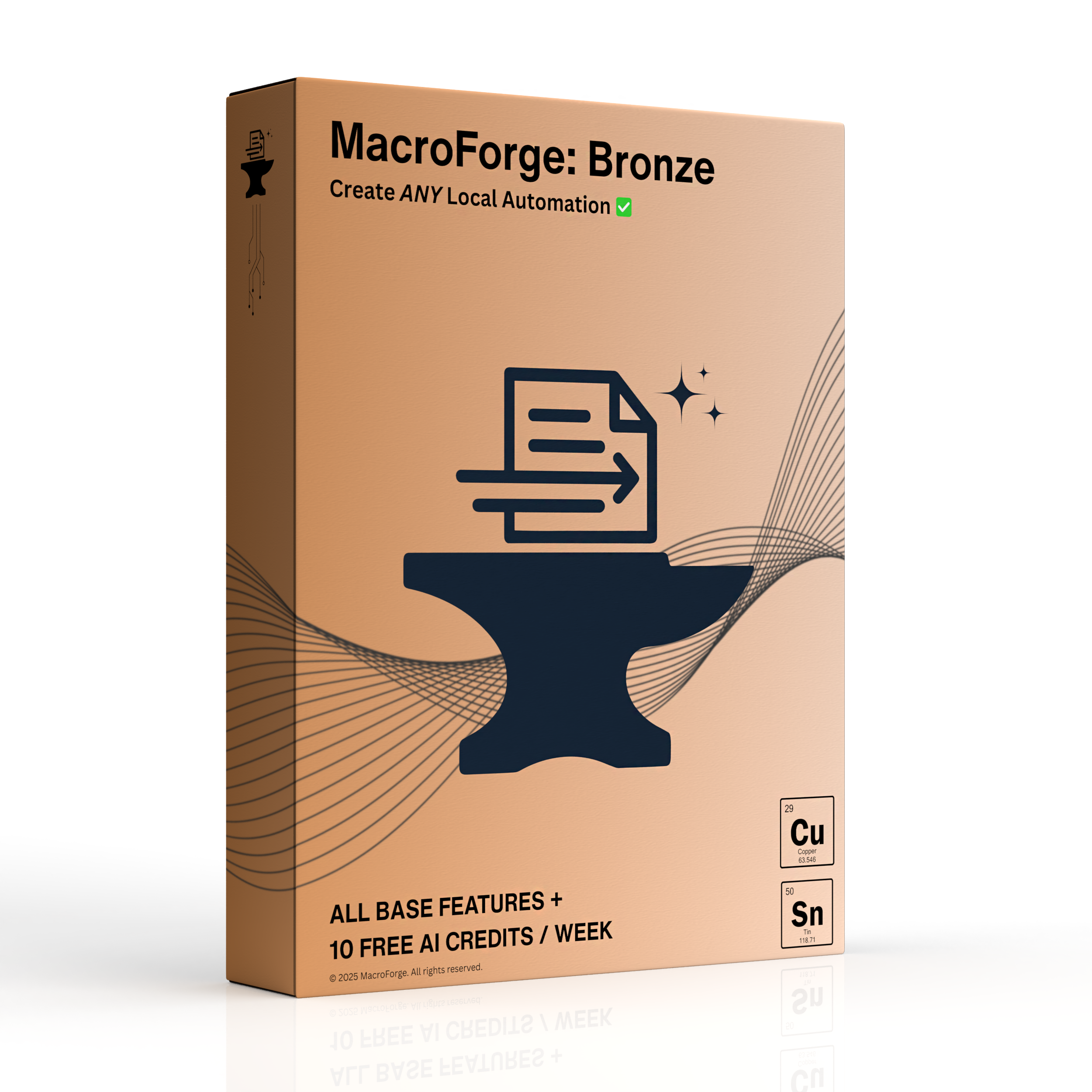 Software box for MacroForge Bronze, the free starter tier for Everyday RPA. Includes all base features and a weekly grant of 10 AI credits.