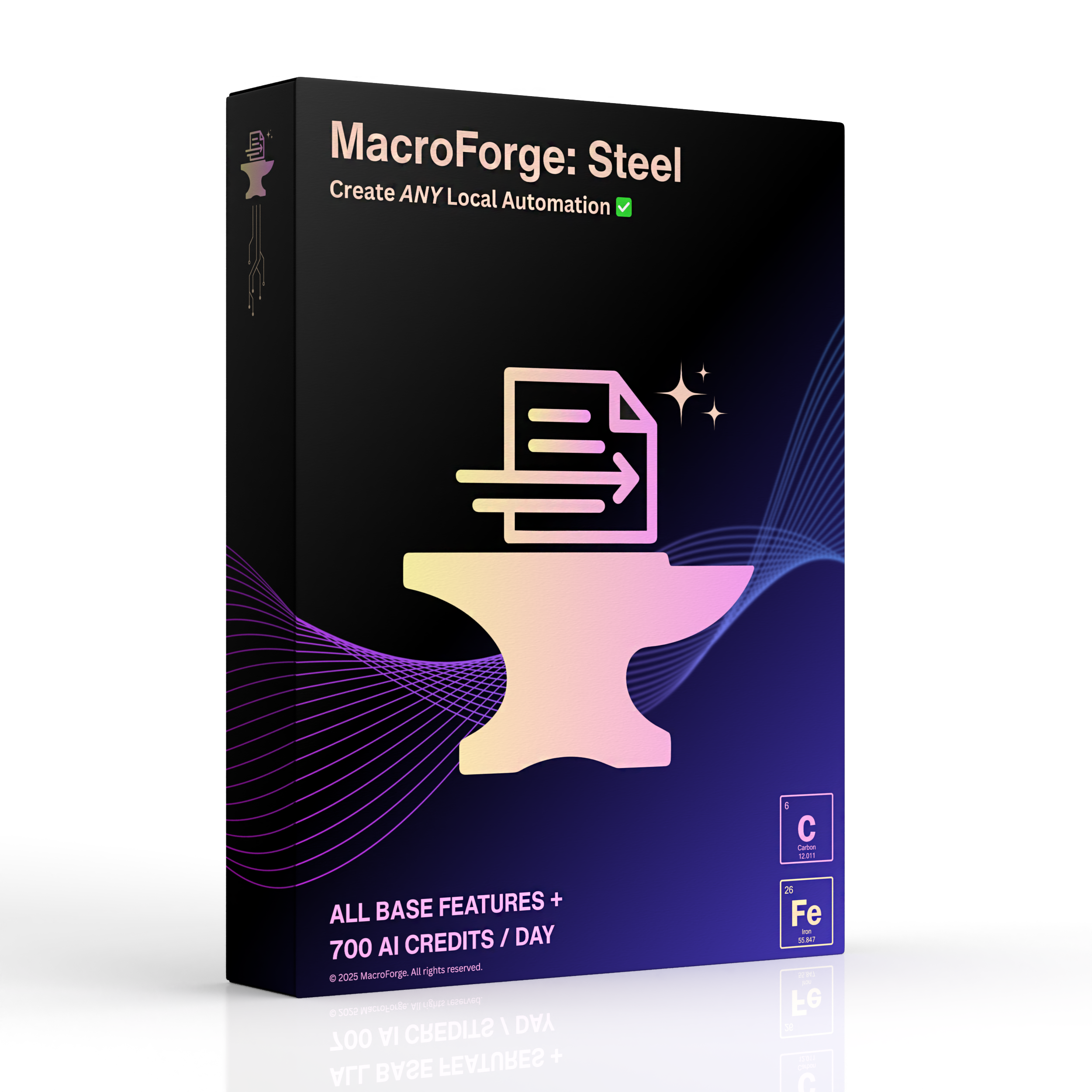 Software box for MacroForge Steel, the ultimate tier for high-volume automation, providing the maximum number of daily AI credits for enterprise-level power.