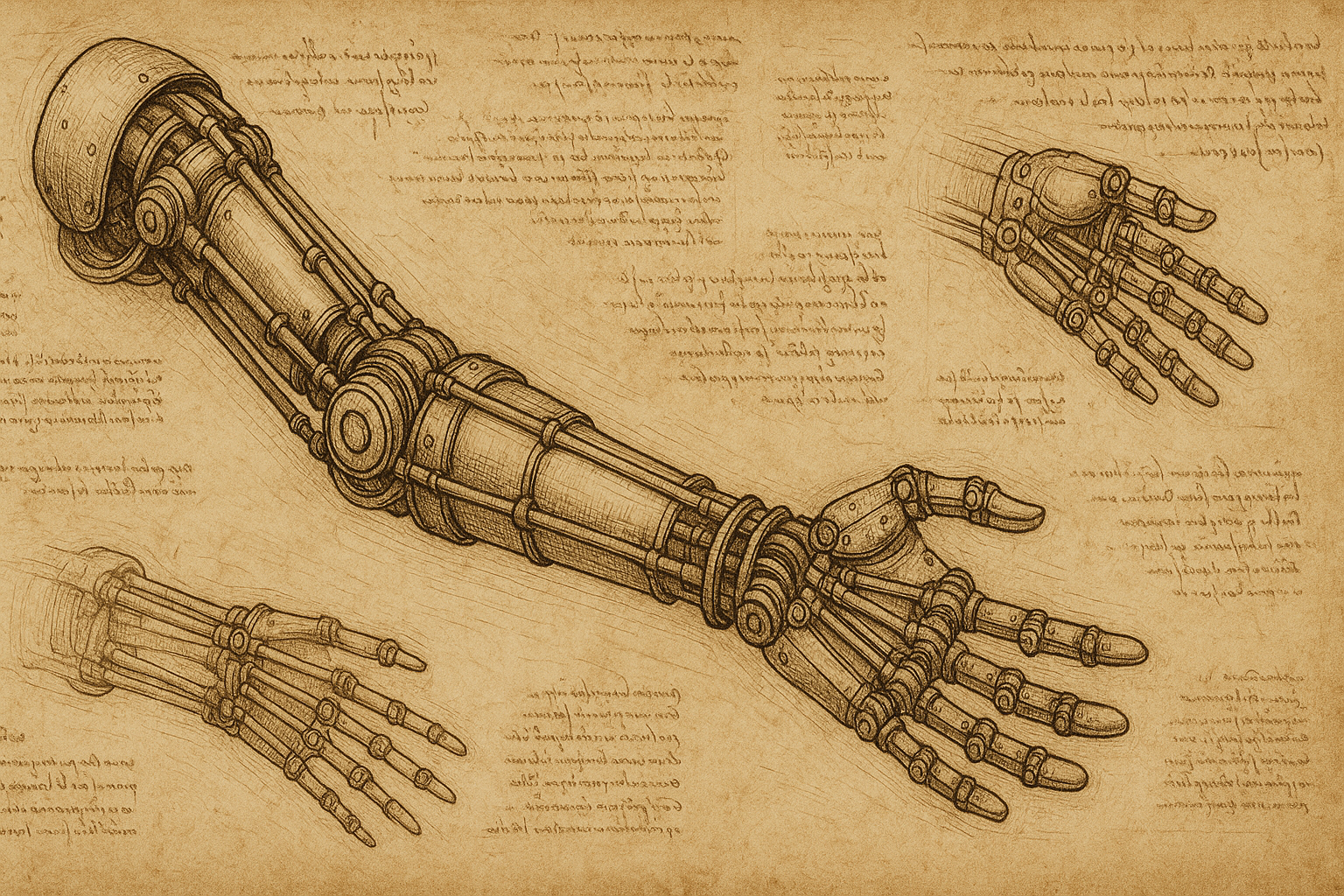 Da Vinci-style technical sketch of a robotic arm, blending human anatomy with mechanical parts. Symbolizes the 'automation renaissance' and human-machine collaboration.