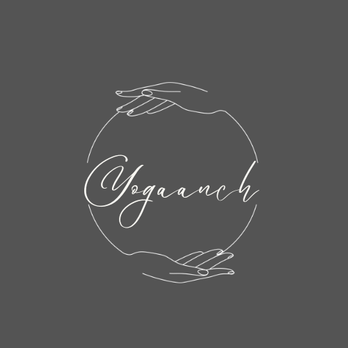 Illustration of two hands holding a circle around the word 'Yogaanch' on a dark gray background.