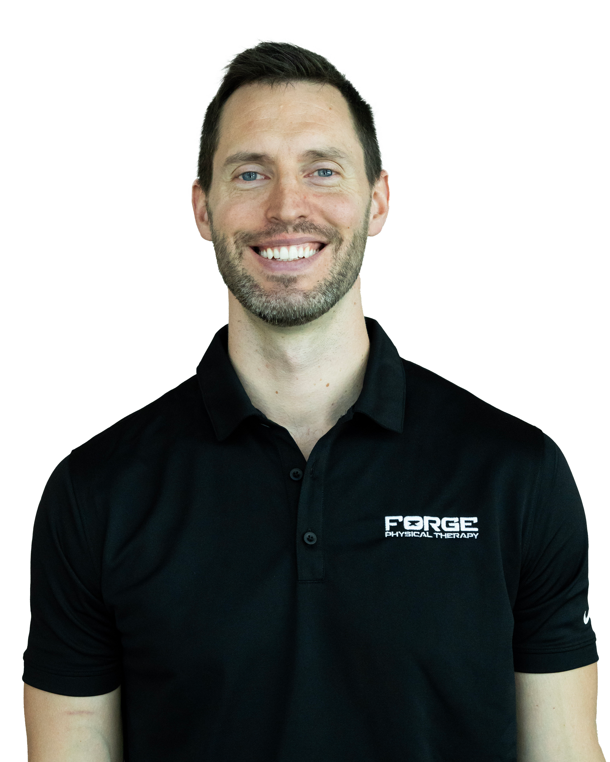 Smiling man wearing a black polo shirt with a logo that reads 'FORGE PHYSICAL THERAPY' on the left chest.