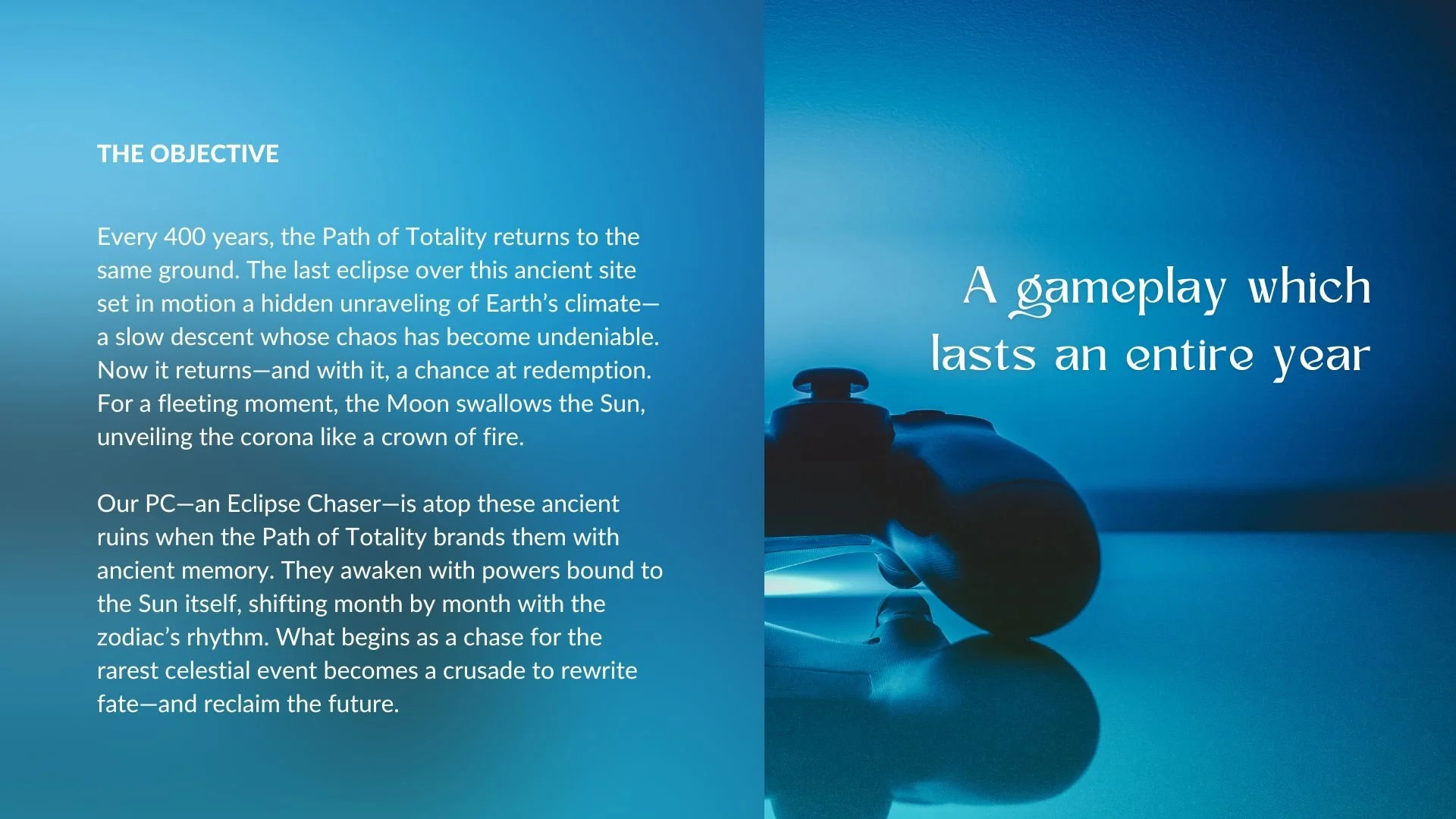 Game Concept (mythic, narrative, celestial strategy) — Navigate ancient sites, harness celestial powers, and reshape a world suspended between destiny and chaos.