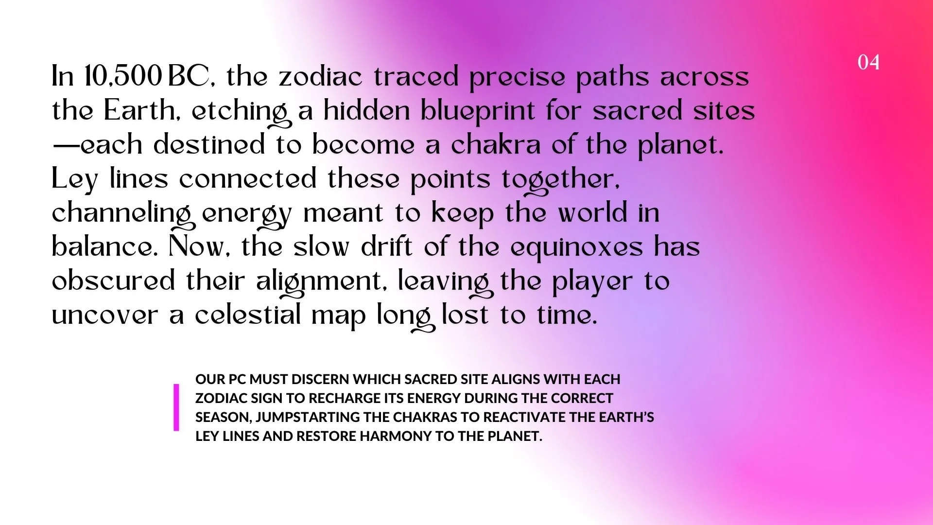 Game Concept (mythic, narrative, celestial strategy) — Navigate ancient sites, harness celestial powers, and reshape a world suspended between destiny and chaos.