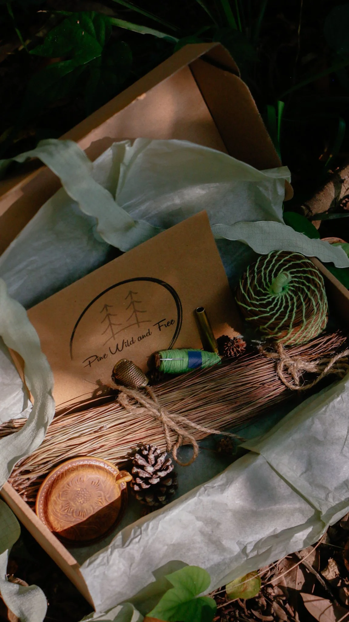 Open cardboard box in a forest with a basketry kit and a card that says 'Pine Wild and Free,' surrounded by green leaves and decayed leaves on the ground.