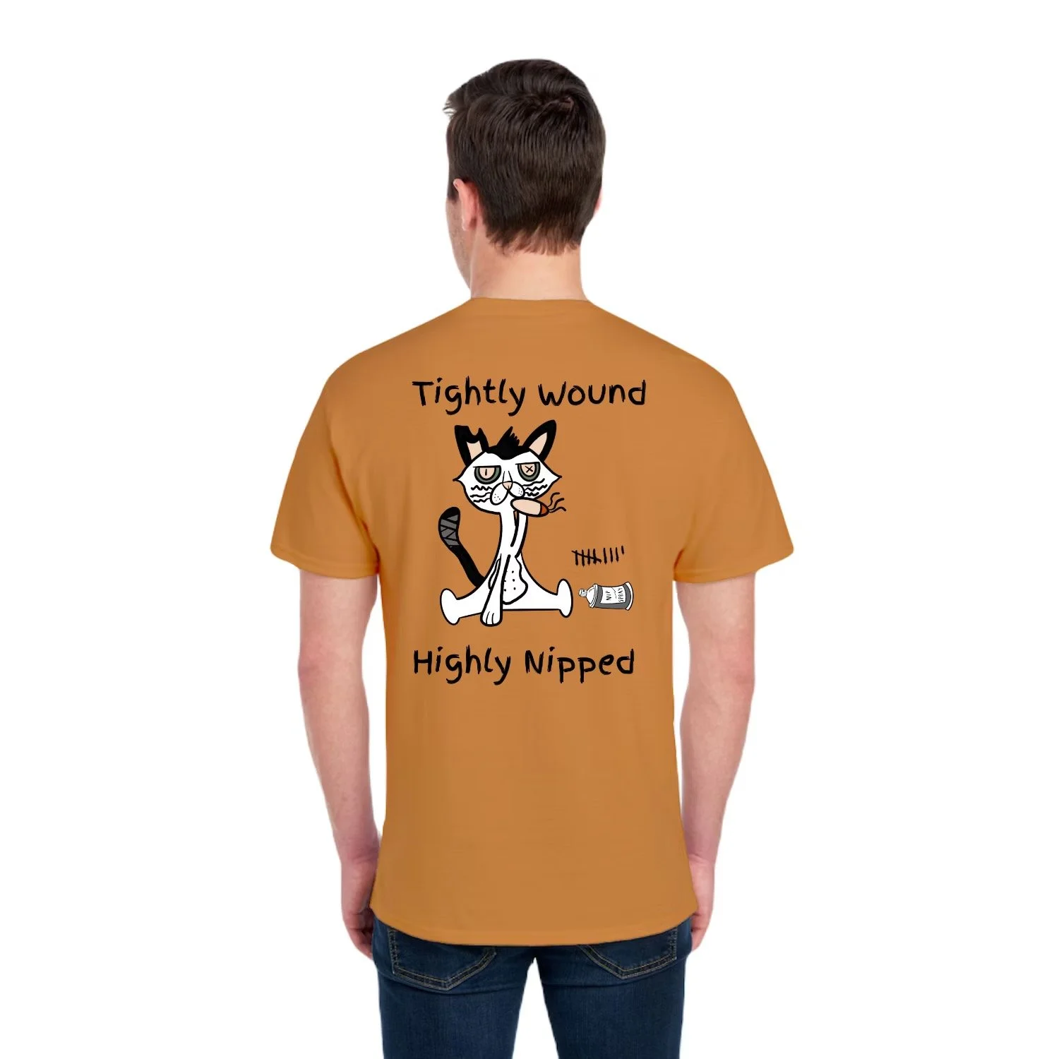 Back of mustard colored Tightly Wound Knitwit t-shirt showing a cartoon cat with the phrase “Tightly Wound Highly Nipped” and a spilled catnip container illustration.
