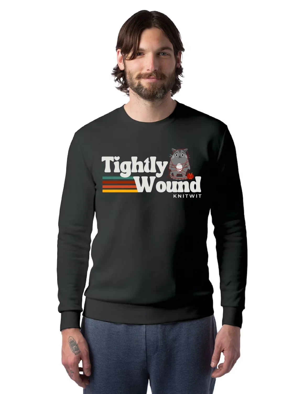 man wearing long sleeve shirt with Tightly Wound Knitwit logo across the front