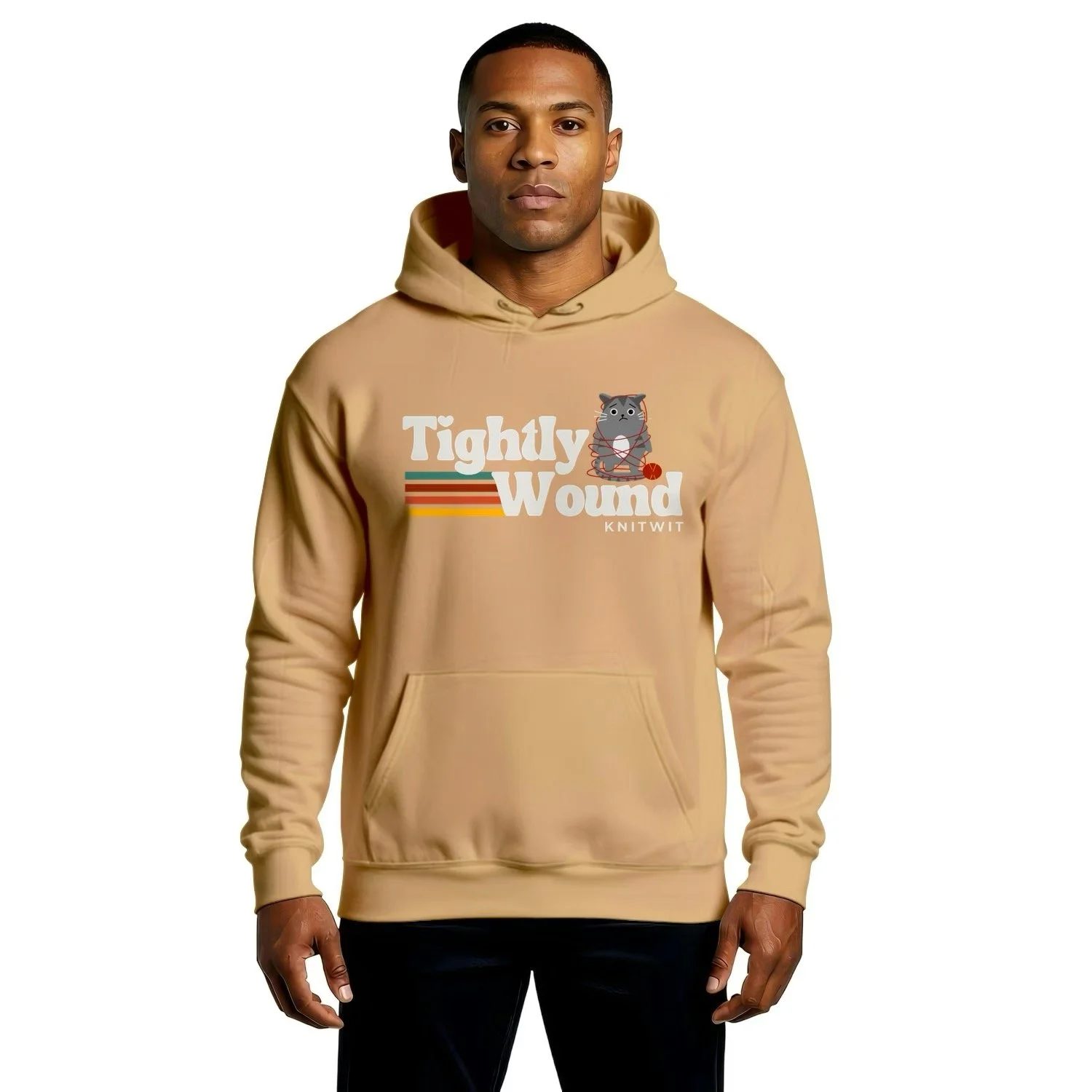 man wearing tag hoodie sweatshirt with Tightly Wound Kntiwit across the front