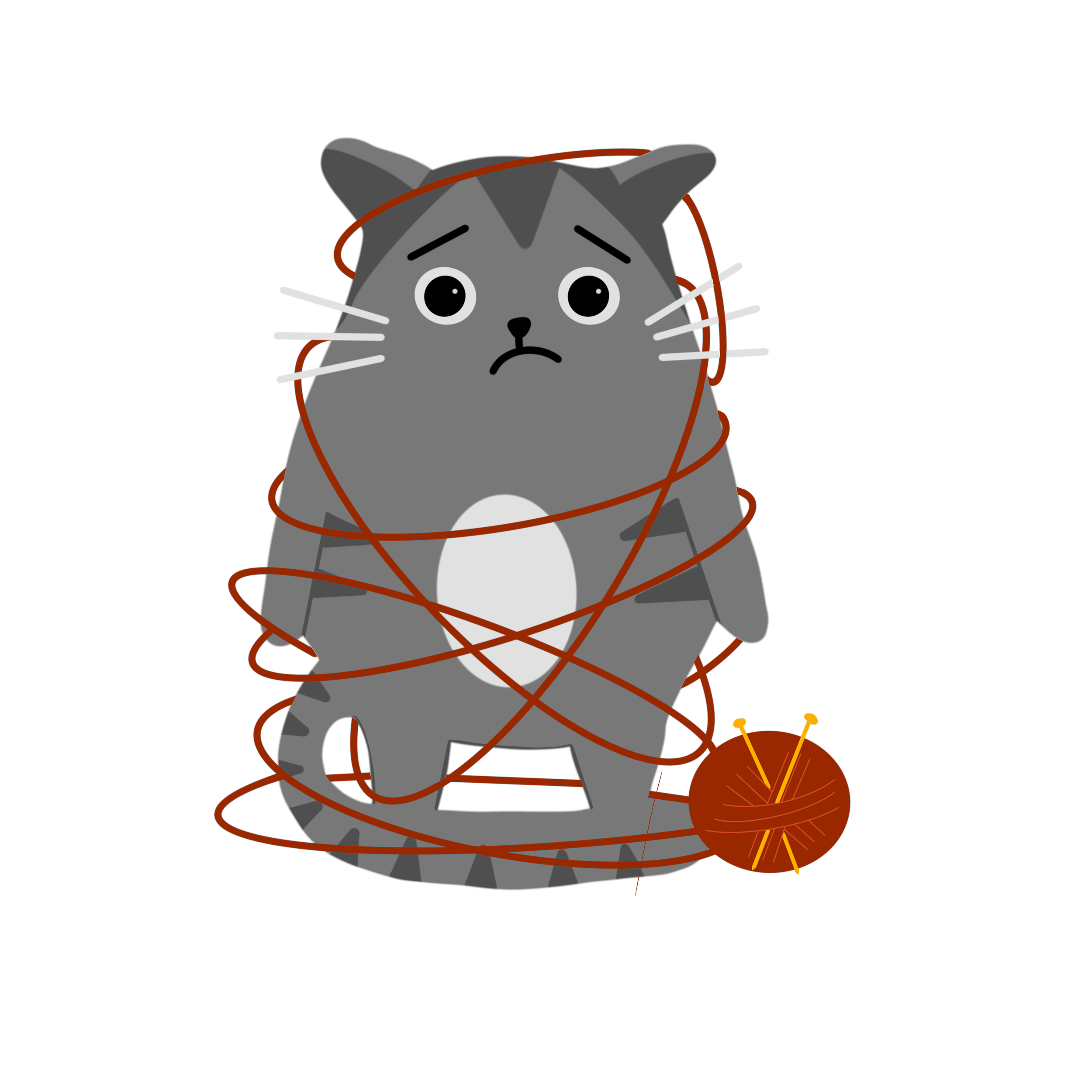 A cartoon gray cat with large eyes and a sad expression, wrapped in red yarn with a ball of red yarn and knitting needles nearby.