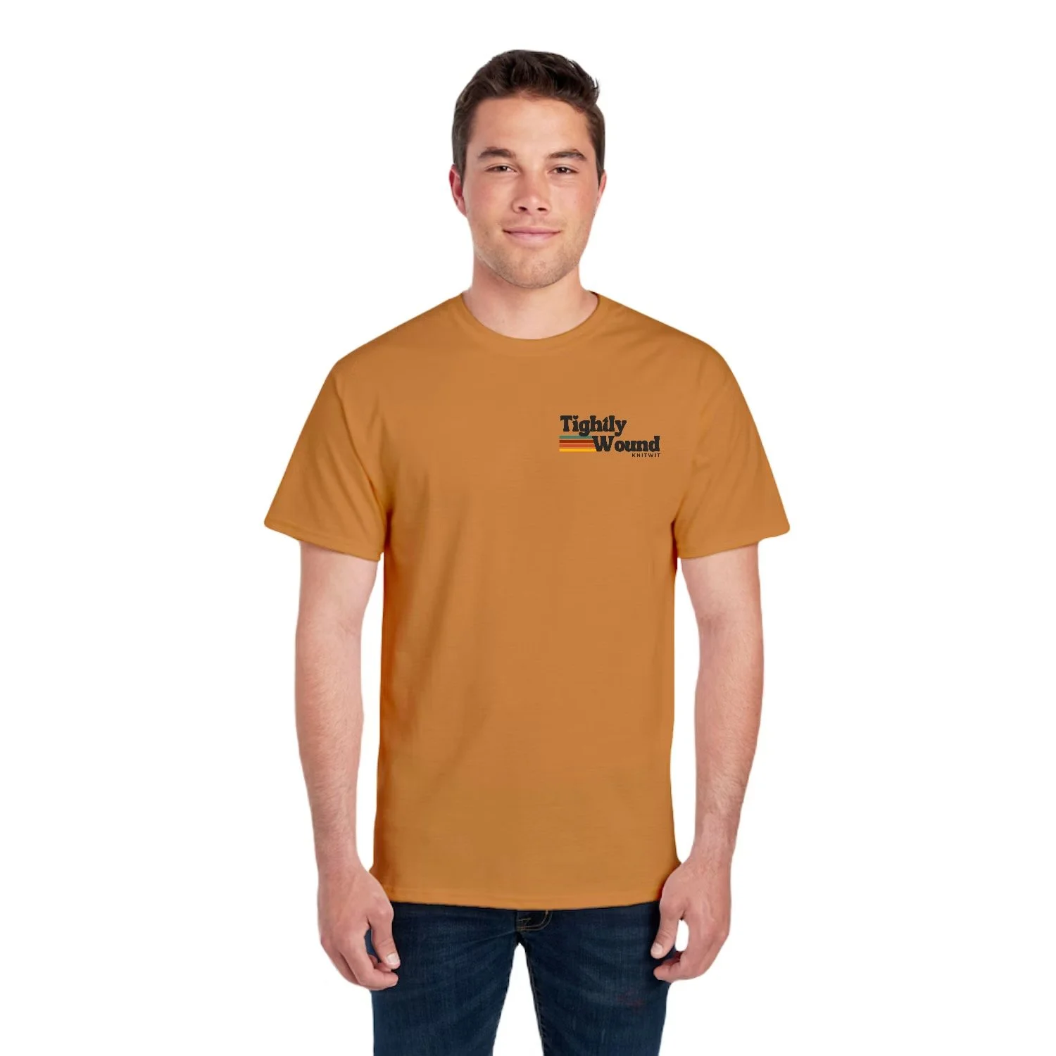 Man wearing a mustard colored Tightly Wound Knitwit t-shirt with a small logo on the front chest featuring retro stripes.