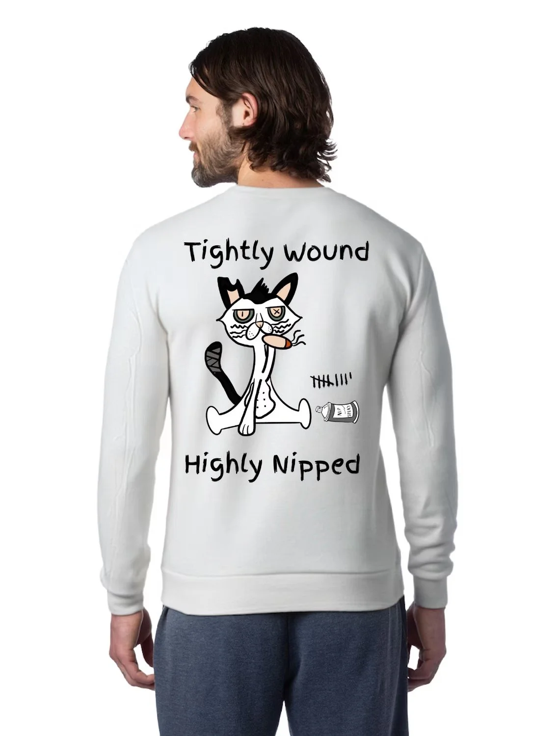 Back of light grey colored Tightly Wound Knitwit crew neck showing a cartoon cat with the phrase “Tightly Wound Highly Nipped” and a spilled catnip container illustration.