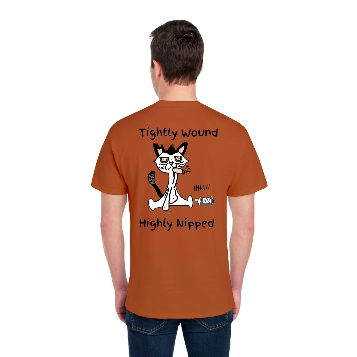 Back of burnt orange colored Tightly Wound Knitwit t-shirt showing a cartoon cat with the phrase “Tightly Wound Highly Nipped” and a spilled catnip container illustration.