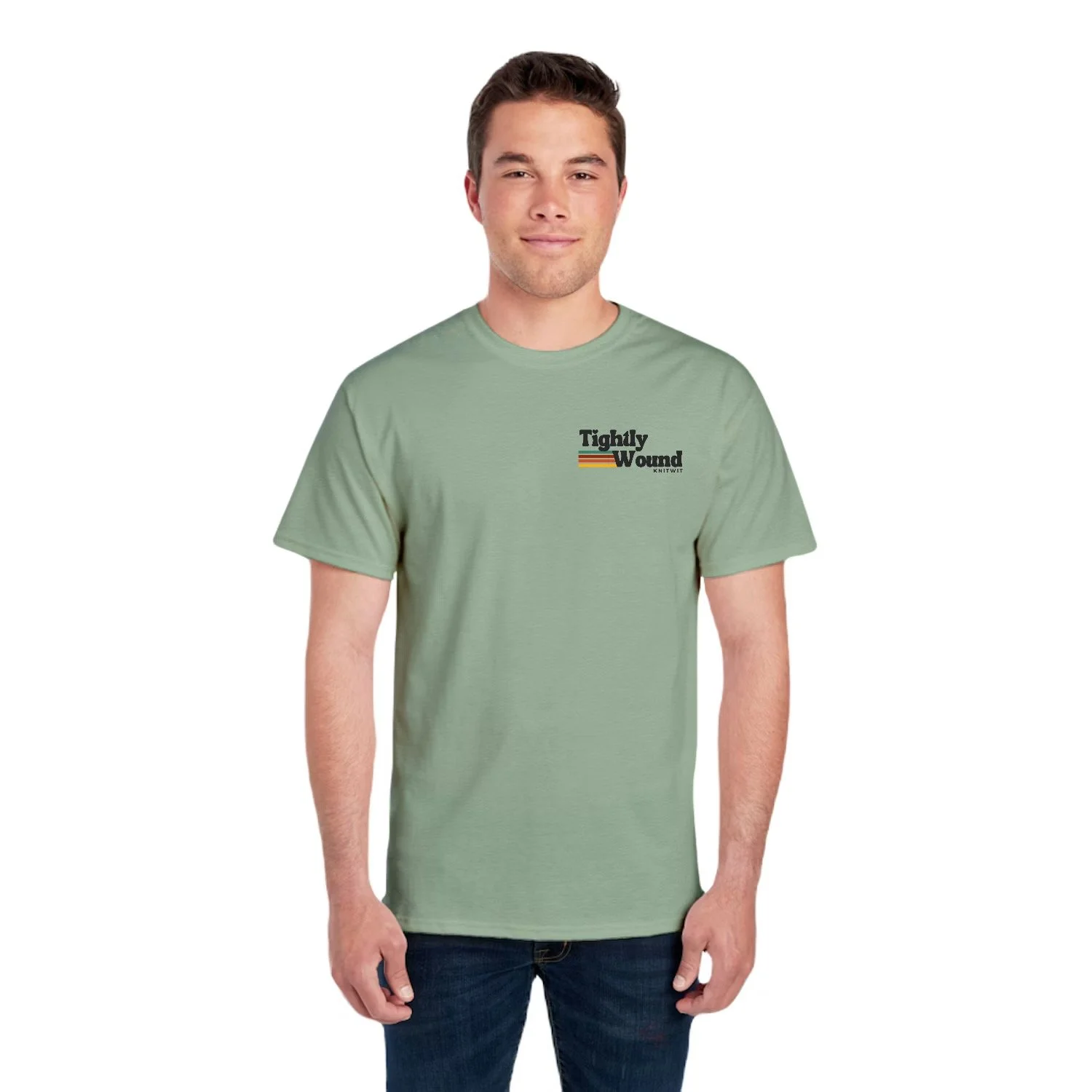 Man wearing a light green colored Tightly Wound Knitwit t-shirt with a small logo on the front chest featuring retro stripes.