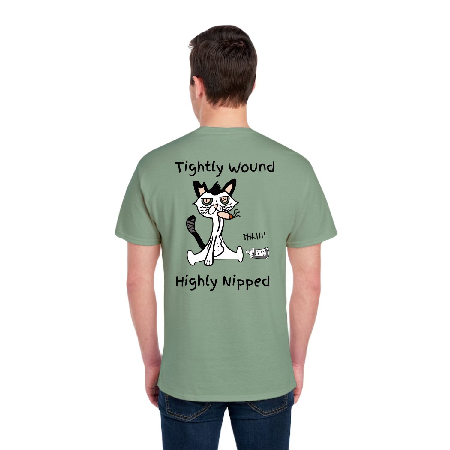 Back of light green colored Tightly Wound Knitwit t-shirt showing a cartoon cat with the phrase “Tightly Wound Highly Nipped” and a spilled catnip container illustration.