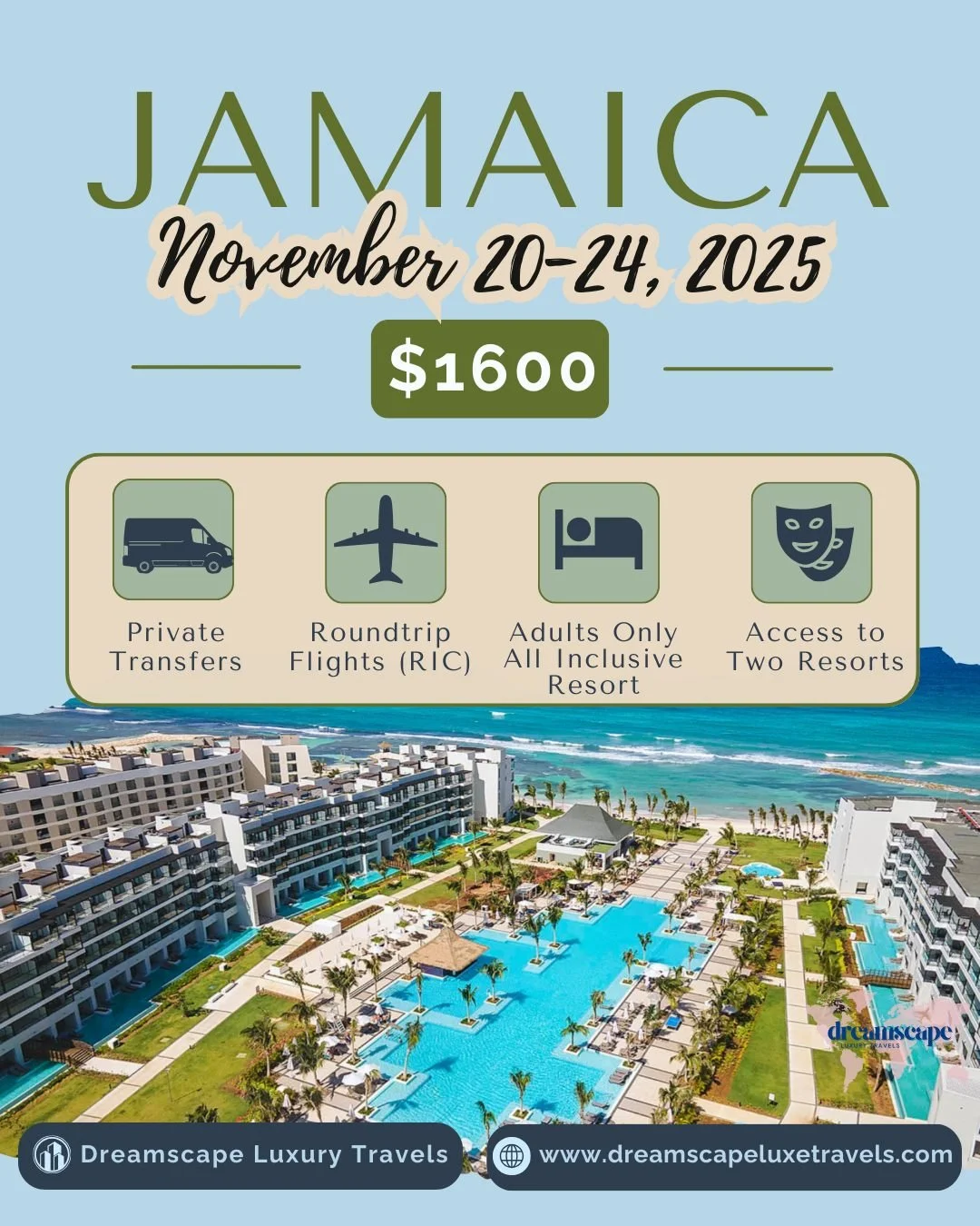 🌊 A Jamaican Pre-Holiday Getaway ☀️🏝
📅 November 20-24, 2026
💵 $1,600 per person (based on double occupancy)
🏨 Junior Suite | Adults-Only All Inclusive

✨ This package includes:
✔️ Roundtrip flights from RIC
✔️ Private roundtrip transportation 🚘