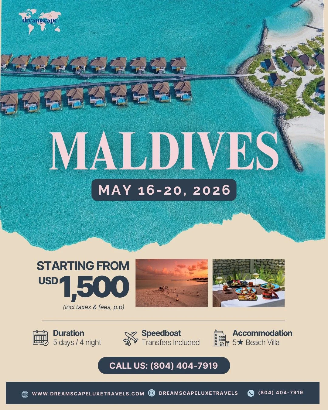 🌺 White Sands + Turquoise Waters = Maldives Magic 🌊✨

📅 May 16&ndash;20, 2026
💵 Starting at $1,500 per person (based on double occupancy)
🏨 Beach Villa | 4 Nights of Bliss | All Inclusive 🏝️

✨ This package includes:
✔️ Roundtrip speedboat tran